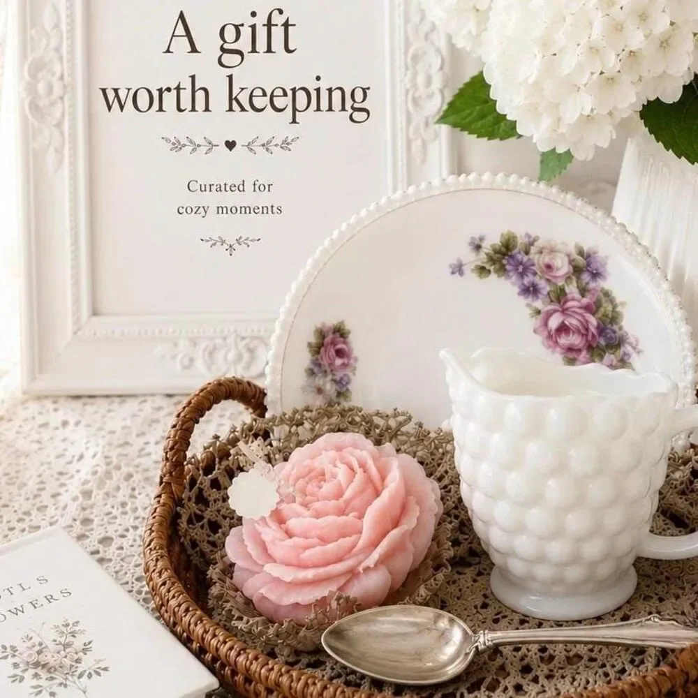 Vintage Milk Glass Creamer Gift Basket – Floral Plate, Pink Rose Candle, Cottage